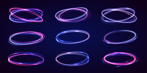 Fototapete - Neon lighting frames set, abstract cosmic rings and glowing borders. Bright colors and futuristic effects with sparkling light trails. Shiny neon circle frames for your design and magical portals.