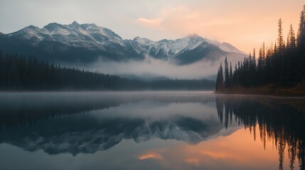 Poster - A misty alpine lake at sunrise, mirroring snow-capped peaks with golden light