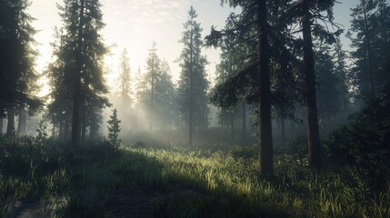 Wall Mural - soft sunlight streams through tall trees in a tranquil forest at dawn, illuminating the mist and cre