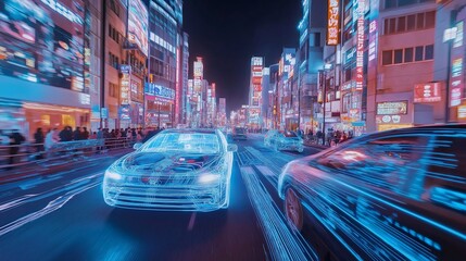 Aufkleber - A neon-drenched Tokyo street at night, with flying cars and holograms