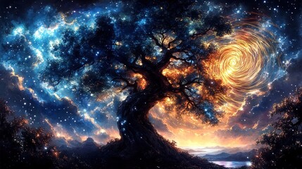 Wall Mural - Cosmic tree, vibrant colors, celestial landscape