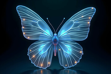 Poster - a glowing, blue butterfly with intricate translucent wings, set against a dark background, creating 