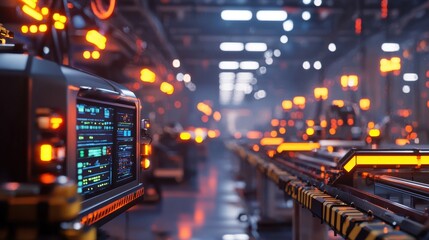 Poster - Advanced manufacturing facility showcases intricate machinery lined up along conveyor belts, bathed in an orange glow, creating a dynamic production atmosphere