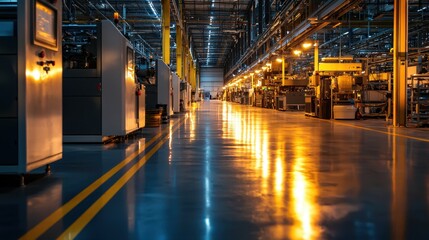 Poster - the bright interior of an industrial factory features rows of machinery and equipment reflecting on 