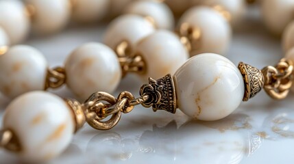 Poster - Delicate white beads with gold accents are closely linked together, showcasing intricate details under soft, natural light in a serene setting