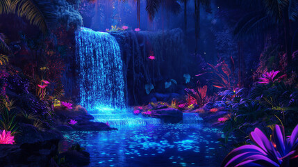 Poster - A neon-lit jungle with bioluminescent plants and glowing waterfalls.