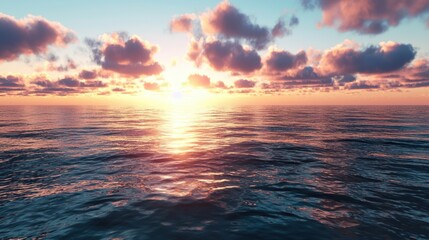 Wall Mural - Golden sunlight casts a warm glow on the tranquil ocean, while puffy clouds drift through the pastel sky. This peaceful coastal moment invites reflection and appreciation of nature's beauty