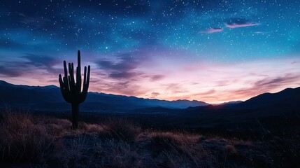 Wall Mural - A tall cactus stands prominently in a serene desert landscape as twilight descends. Stars twinkle above, illuminating distant mountains and creating a tranquil atmosphere