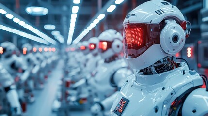 Poster - Humanoid robots stand in rows inside a futuristic production facility, illuminated by bright overhead lights. Their advanced design features glowing facial displays and intricate wiring