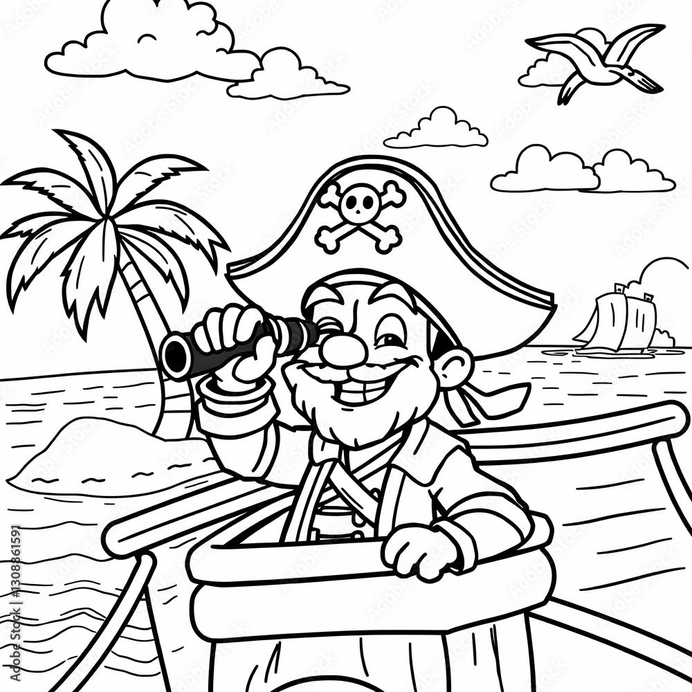 Cartoon Pirate Captain Eye Patch Tricorn Hat Telescope Sailing Ship ...