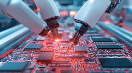 Poster - Robotic Arms Assembling High-Tech Circuit Boards in Advanced Electronics Manufacturing Facility