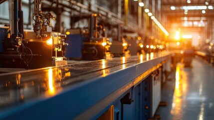 Poster - A bustling manufacturing facility showcases advanced machinery in action as the setting sun casts a warm glow, highlighting efficient production and a dynamic workspace