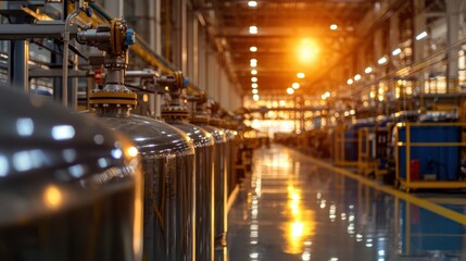Poster - Inside an industrial facility, large storage tanks are lined up along the polished floor. The warm glow from overhead lights enhances the spacious environment, indicating evening time