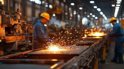 Poster - Skilled workers are busy shaping metal in a spacious factory, sparks flying from machinery, as they focus on their tasks in the warm afternoon light