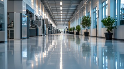 Poster - A spacious industrial facility features rows of workstations with machines, large windows allowing natural light, and potted plants lining the floor, creating a bright atmosphere