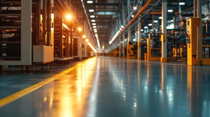 Poster - The spacious interior of a contemporary factory features rows of industrial machines and equipment under warm lighting. The clean, reflective floor enhances the organized environment