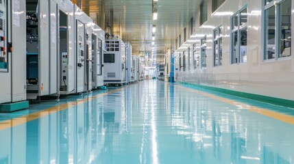 Poster - A spacious hallway in a modern manufacturing facility featuring multiple high-tech machines, clean surfaces, and bright lighting that enhance productivity and safety