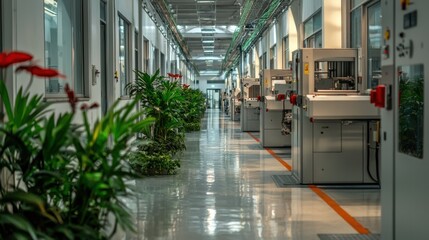 Poster - Brightly lit corridor in a modern manufacturing facility showcases machinery alongside lush greenery. The space is designed for efficiency and aesthetics, promoting a conducive work environment