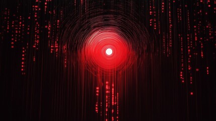 Poster - A rogue AI core with pulsing red light and binary code rain