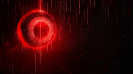 Poster - A rogue AI core with pulsing red light and binary code rain