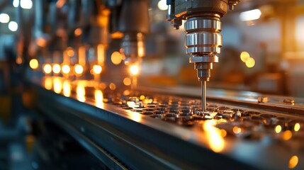 Poster - Advanced machinery is cutting and shaping metal components within a busy factory environment. Bright lights highlight the intricate details of each process as workers oversee operations