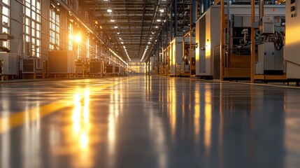 Poster - Sunlight streams through large windows of a factory, illuminating the polished floor and machinery. Workers begin their shifts in a well-organized workspace