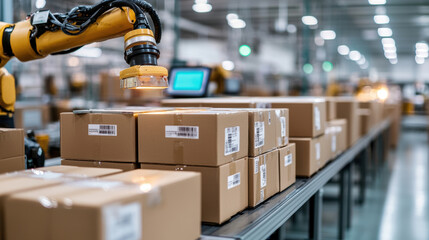 Poster - robotic arm station scanning packages in modern warehouse environment with bright lighting and conve