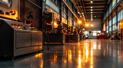 Poster - A spacious industrial workshop features rows of machinery and equipment. Warm lights illuminate the area, reflecting off the polished floor, creating a productive evening atmosphere