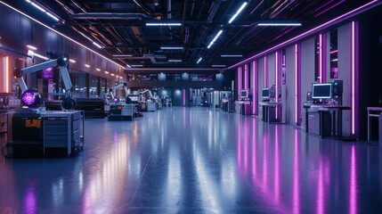 Poster - A high-tech robotics laboratory showcases sophisticated machines and glowing neon lights, reflecting a vibrant atmosphere. Advanced equipment lines the walls, highlighting innovation