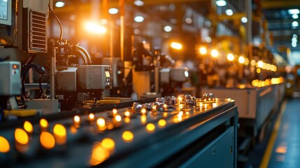 Poster - Bright lights illuminate a busy factory where a conveyor belt transports items between machines. Workers and machinery operate efficiently in a well-organized setting