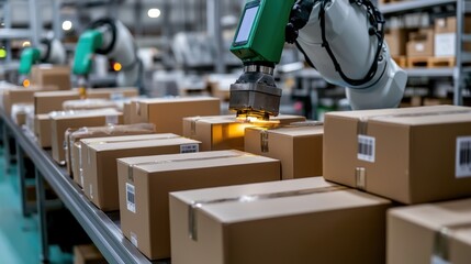Poster - Automation in Modern Warehouse with Robotic Arm Handling Packages on Production Line