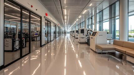 Poster - A spacious corridor showcases advanced machinery and equipment in a contemporary facility. The polished floor reflects radiant lights and large windows, enhancing the bright environment