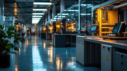 Poster - Inside a contemporary manufacturing facility, illuminated workstations line the floor, showcasing high-tech equipment. The atmosphere conveys precision and efficiency in production