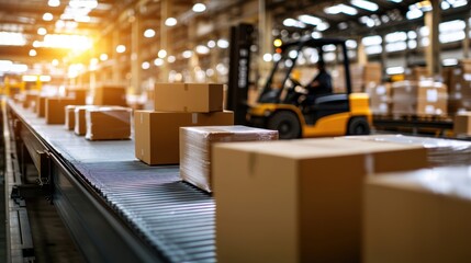 Poster - Industrial warehouse interior with yellow forklift, automated conveyor line, and stacked cardboard boxes during daylight operations