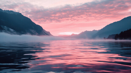 Wall Mural - A serene lake captures a breathtaking sunset, where vibrant pink clouds mingle with mist over the water. Mountains silhouette against the tranquil scene, creating a peaceful atmosphere