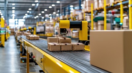 Poster - automated warehouse scene with robotic arm sorting packages on conveyor belt in modern distribution 