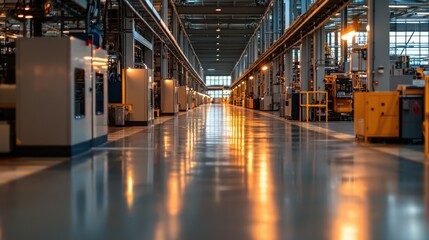 Poster - Brightly lit industrial space featuring polished concrete floors and neatly arranged machinery. The expansive layout highlights modern manufacturing processes during the day