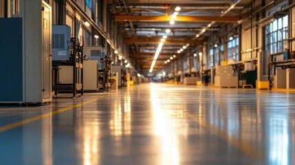Poster - Polished concrete floors reflect light in a large industrial warehouse. Numerous machines and equipment line the spacious area, highlighting a well-organized workspace in a manufacturing setting