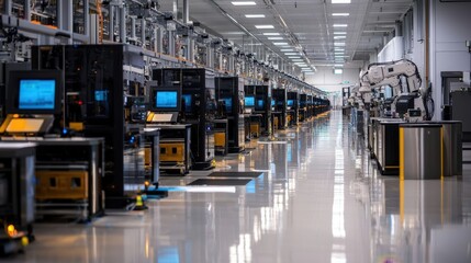 Poster - A high-tech manufacturing facility features rows of robotic machines and workstations. The space is brightly lit, highlighting cutting-edge equipment used for precision production tasks