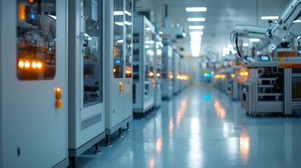 Poster - This advanced manufacturing facility features robotic arms and automated machinery working efficiently in a well-lit environment, highlighting modern industrial technology and production