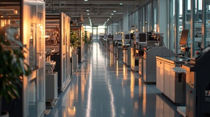 Poster - A spacious manufacturing facility features advanced machinery lined up along a glossy floor. Natural light filters through windows, creating a warm and productive atmosphere