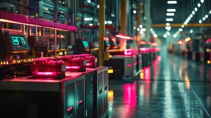 Poster - A spacious industrial production facility with sleek machinery illuminated by colorful lights. Workers are engaged in various tasks amidst rows of high-tech equipment