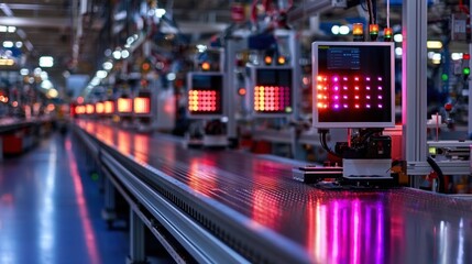 Poster - High-tech production line showcases automated machinery with colorful display indicators illuminating the workspace during early morning hours