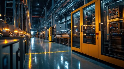 Poster - A spacious manufacturing facility features rows of advanced machinery and equipment, all illuminated with warm artificial lighting. Workers are engaged in various tasks throughout the area