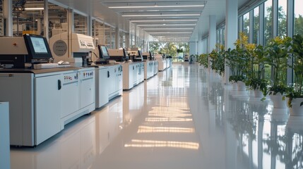 Poster - The interior of a manufacturing facility features sleek machinery along a pristine hallway. Natural light floods the space, highlighting the modern design and vibrant greenery