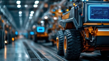 Poster - Modern Industrial Machinery in High-Tech Warehouse with Advanced Robotics and LED Displays for Automated Manufacturing Processes