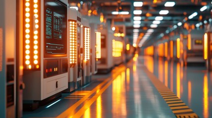 Poster - Inside a modern industrial facility, rows of illuminated machinery line the floor, showcasing advanced technology and automation in a bright, organized environment