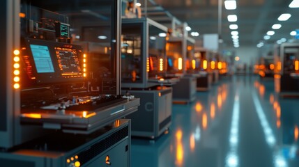Poster - High-tech assembly line is operational in a manufacturing facility, featuring illuminated workstations that reflect an efficient production environment during evening hours