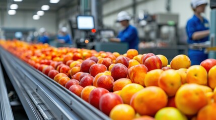 Leinwandbilder - Freshly Harvested Apples in a Modern Fruit Processing Facility with Workers in Blue Uniforms Sorting and Packaging Produce