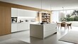 © Pannee - Modern minimalist kitchen with a bright, airy feel, combining white and light wood finishes with integrated appliances.